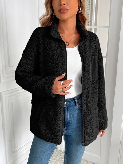 Fuzzy Zip-Up Long Sleeve Jacket Soft Plush Winter Outerwear