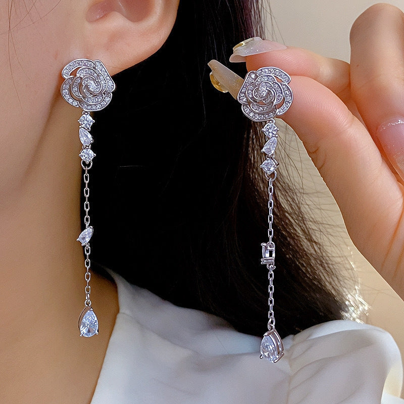 Womens Floral Rhinestone Inlaid Long Tassel Drop Earrings,Costume Earrings For Daily Banquet Party Wear