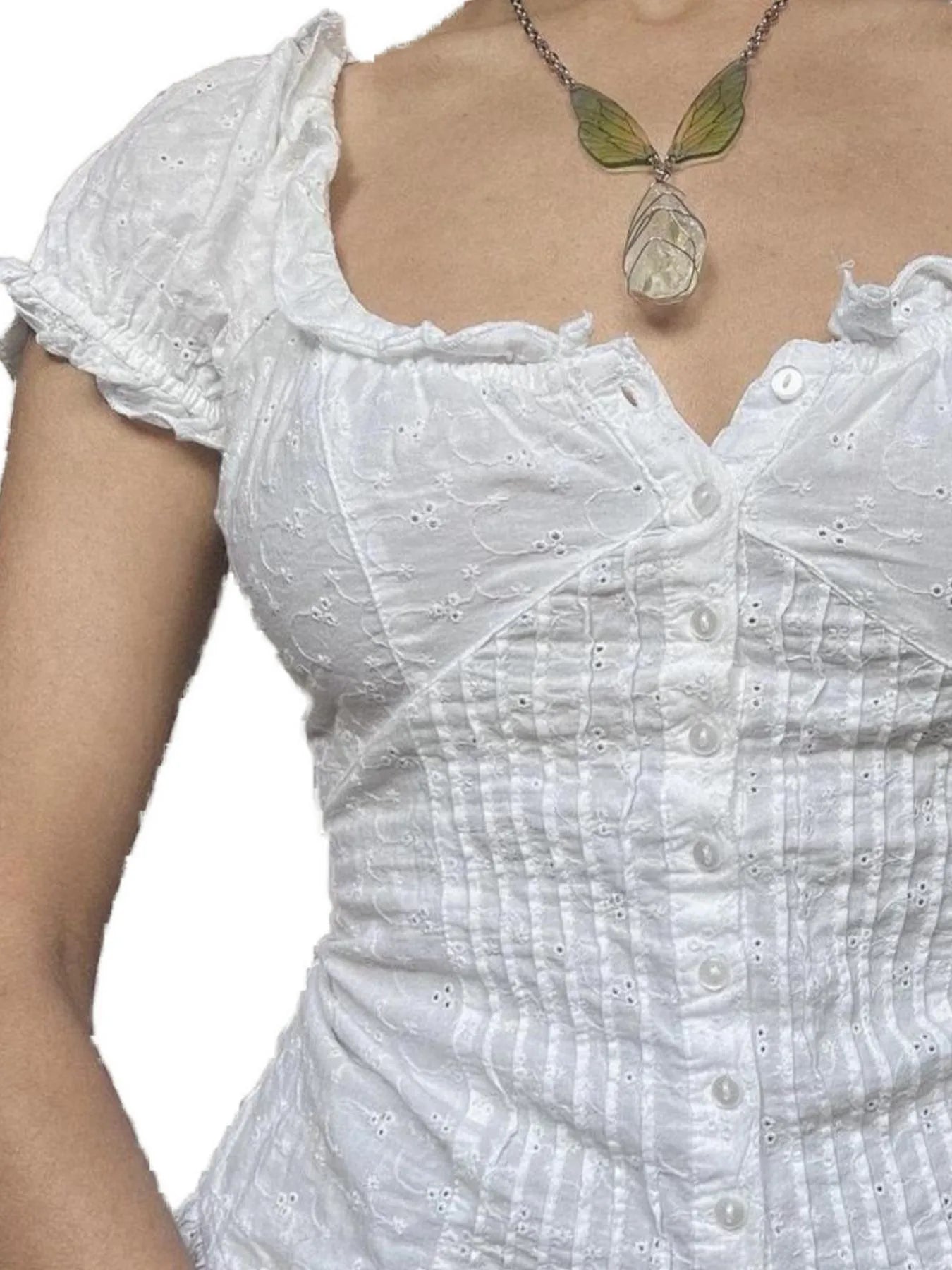 White Short Sleeve Button Up Blouse with Ruffle Trim - Image 4