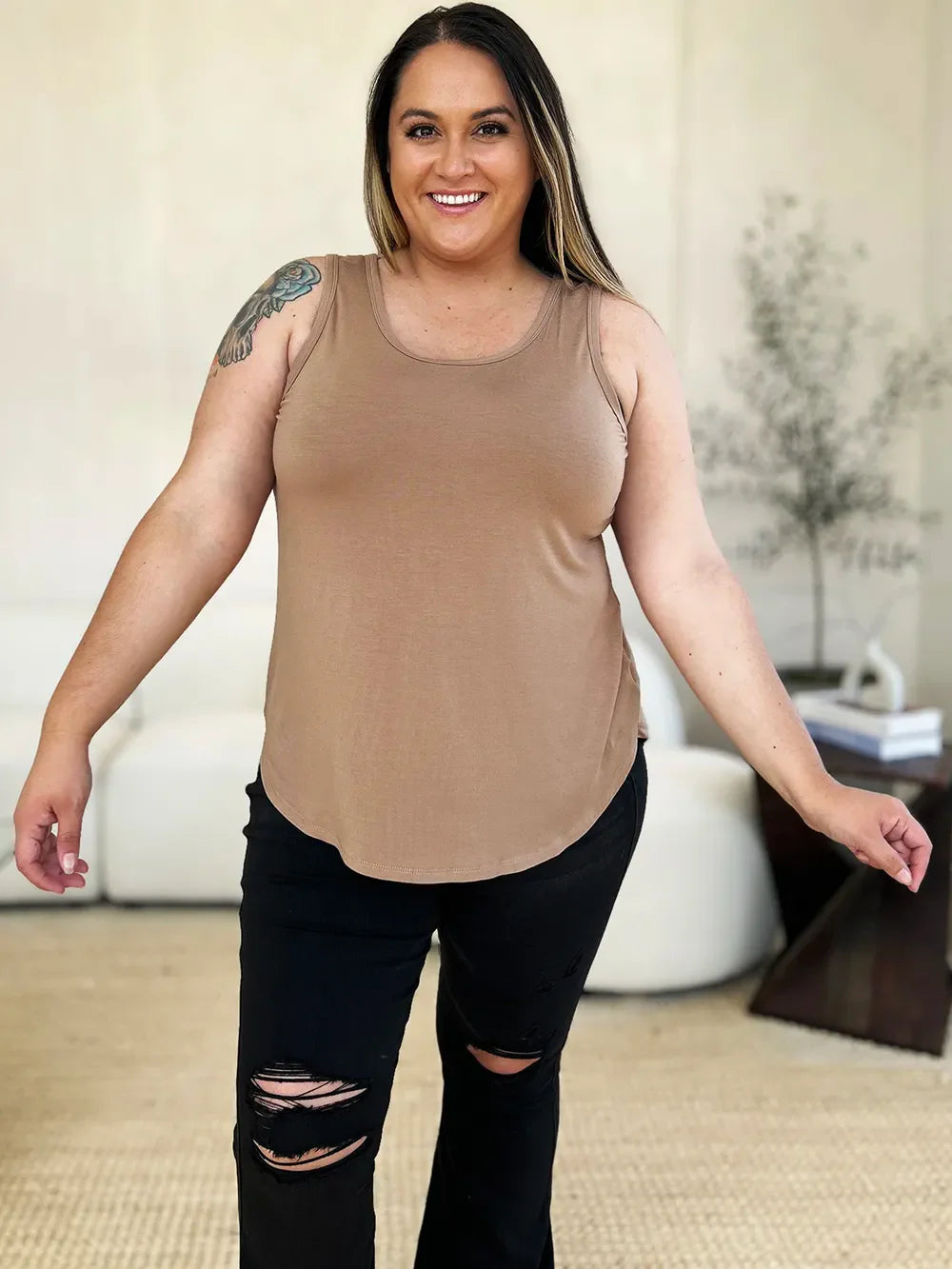Round Neck Curved Hem Tank Top | Rayon Spandex Knit
