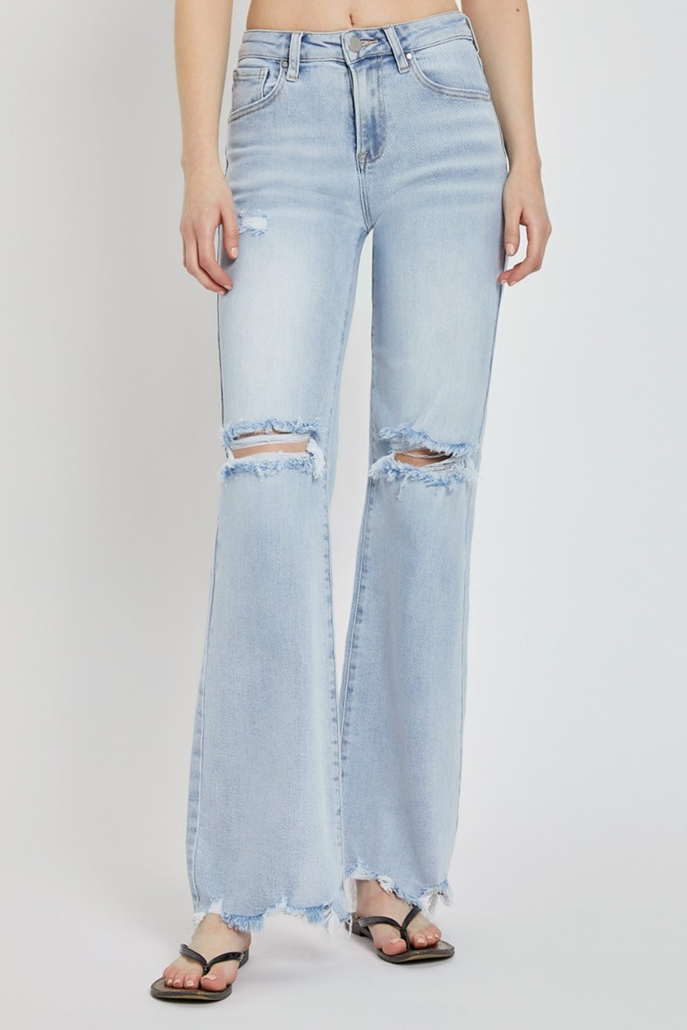 RISEN High Rise Distressed Wide Leg Jeans in Light Blue