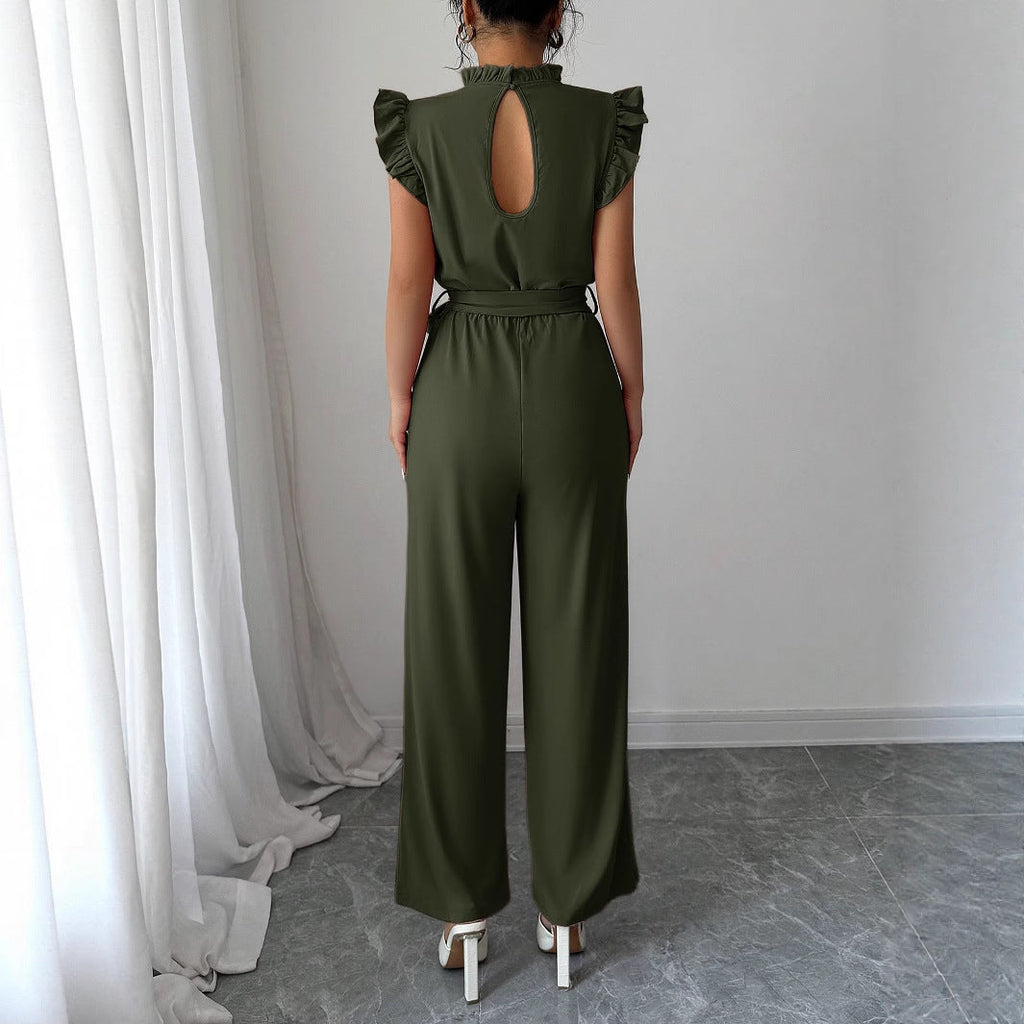 Simple Ruffled Short Sleeve Corset Jumpsuit Olive Dusty Pink
