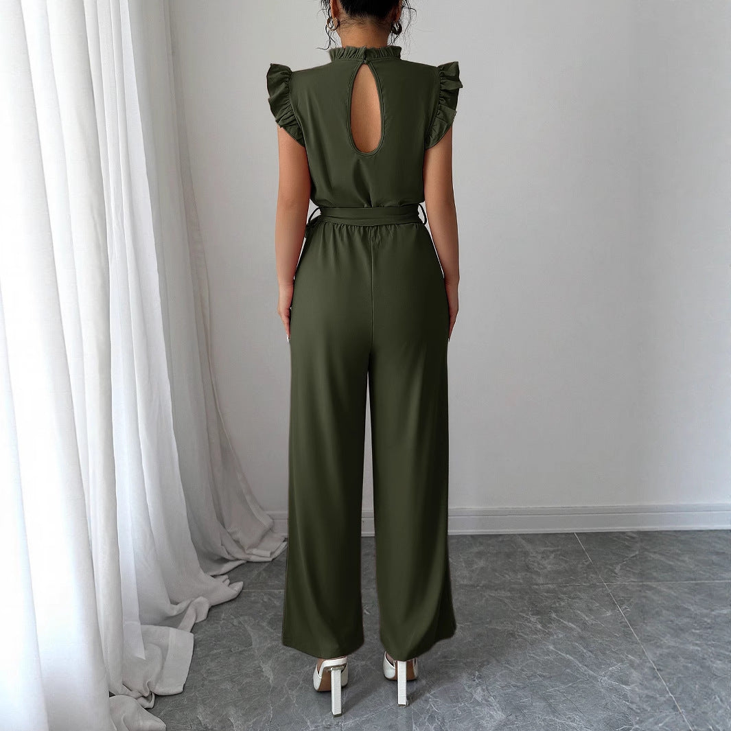 Simple Ruffled Short Sleeve Corset Jumpsuit Olive Dusty Pink