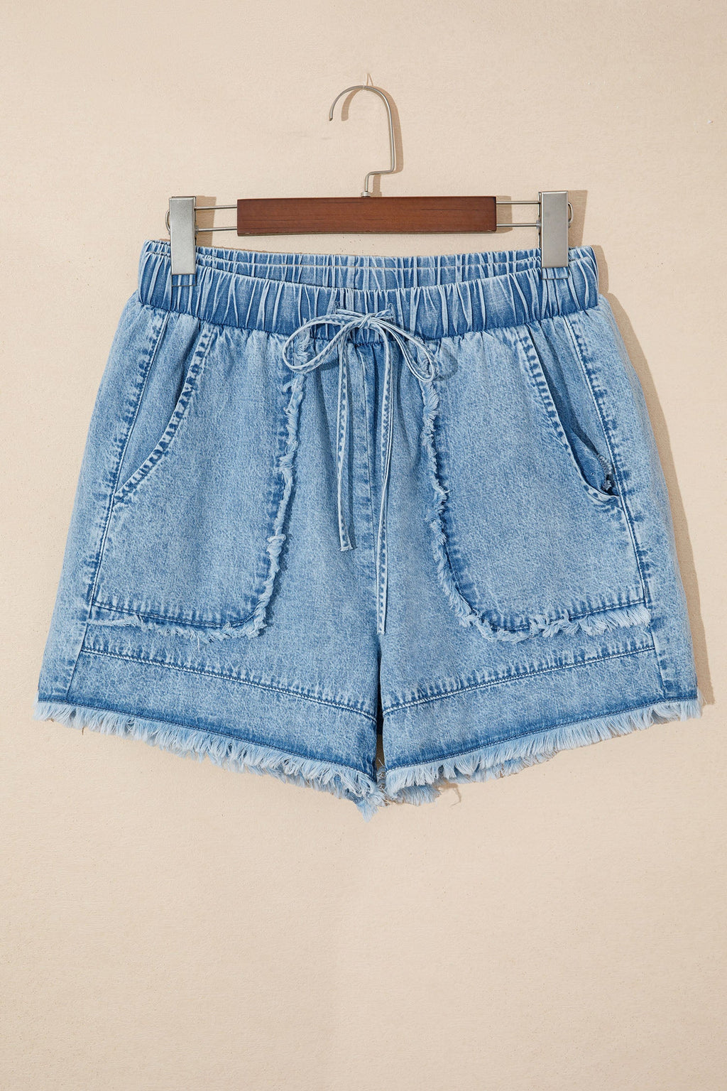 Acid Wash Denim Frayed Edge Drawstring Shorts - Image 2