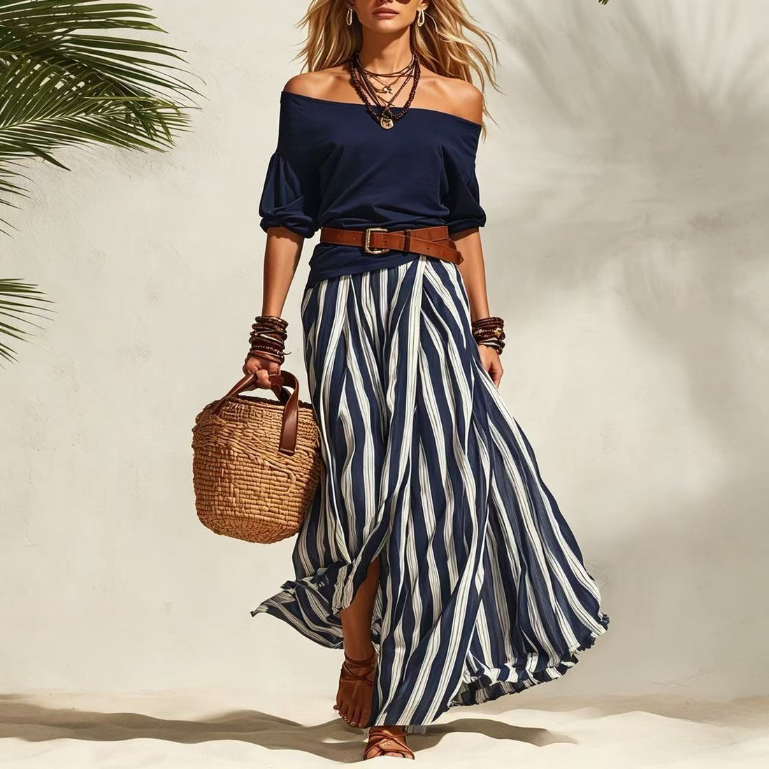 Women Off-Shoulder Top and Striped Slit Maxi Skirt Set