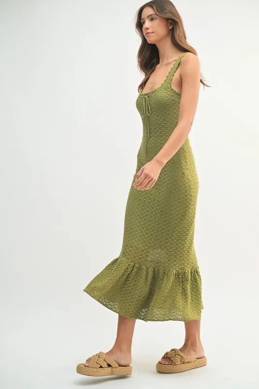 Olive Green Crochet Knit Midi Dress with Ruffled Hem