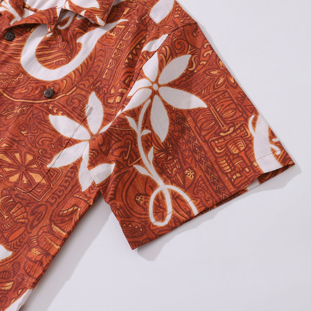Red Hawaiian Tiki Print Shirt Men's Cotton Camp Collar Casual
