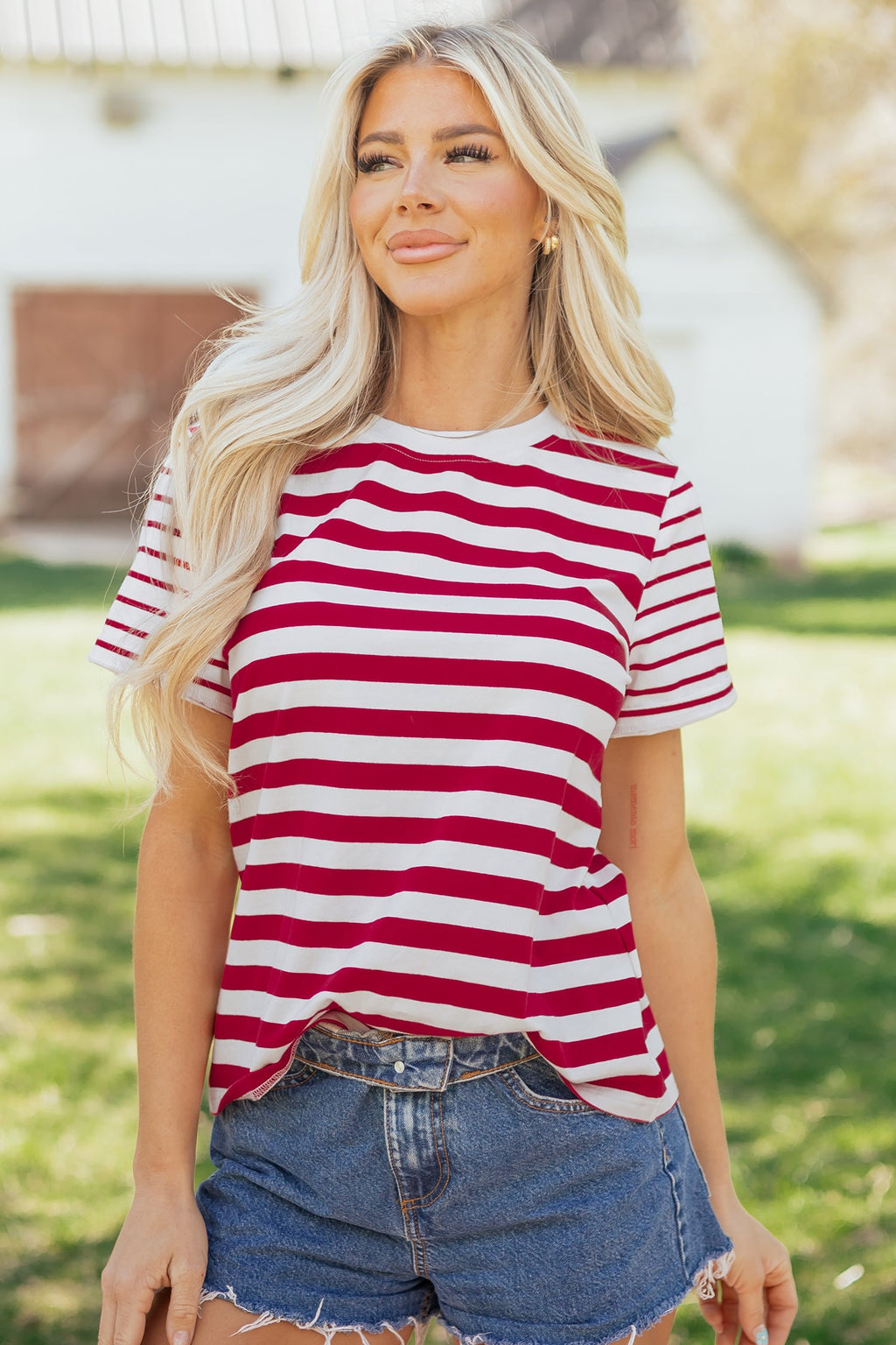 June Stripe Patchwork T Shirt in Red and White Cotton