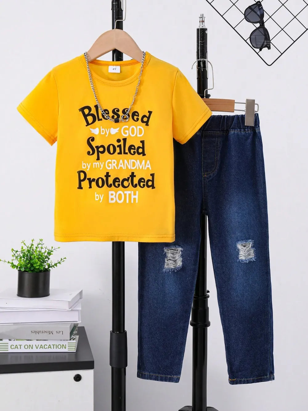 Children's Round Neck Letter Graphic T-Shirt and Distressed Jeans Set