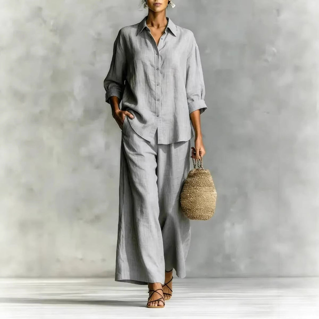 Cotton-Linen Button-Down Shirt and Wide-Leg Pants Two-Piece Set - Image 4