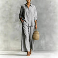 Cotton-Linen Button-Down Shirt and Wide-Leg Pants Two-Piece Set - Image 4