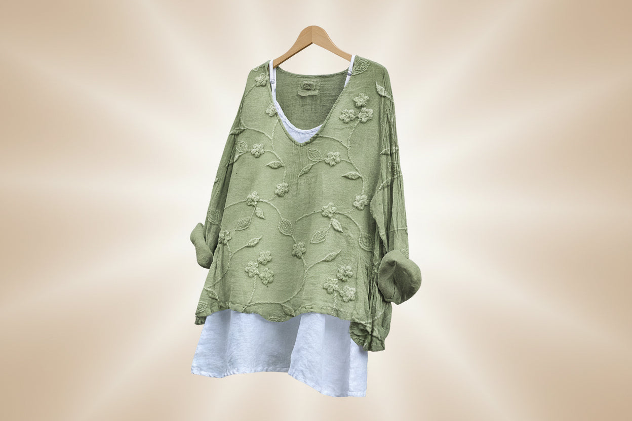Women’s Floral Embroidered Loose Fit Layered Look Long Sleeve Top