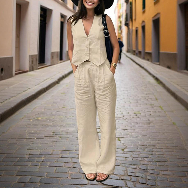 Women’s V-Neck Button-Front Vest and High-Waist Pants Set