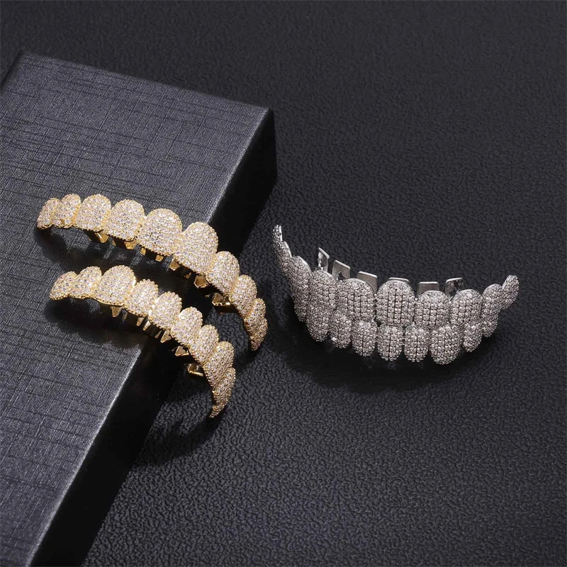 Halloween Cross-Border Hip-Hop Braces Accessories 14K Real Gold Electroplated Copper Zirconium Braces Exaggerated Rap Diamond Braces
