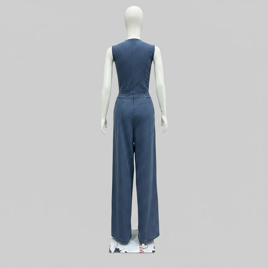 Women's Sleeveless Denim-Style Wide-Leg Jumpsuit