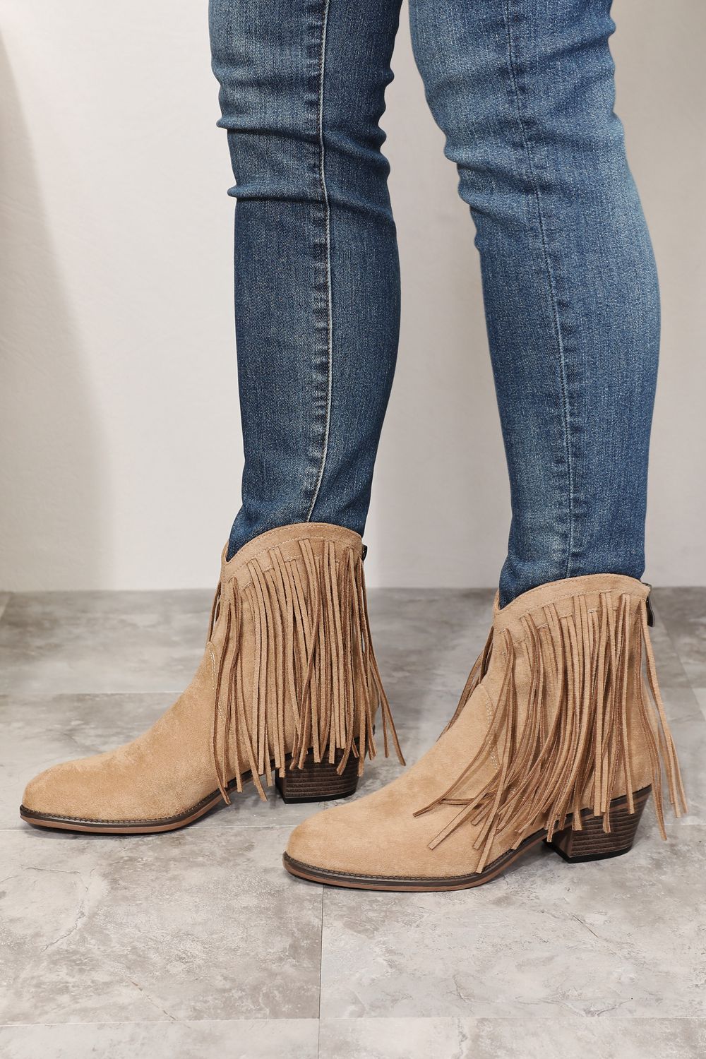 Women's Fringe Western Ankle Boots Faux Suede Pointed Toe Tan