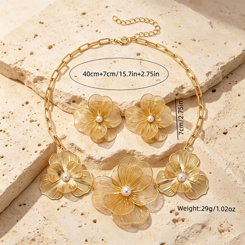 Women Wire Mesh Floral Faux Pearl 2Pcs Jewelry Set, Paperclip Chain Necklace Large Flower Stud Earrings PVD Gold Plated For Wedding Party Gift
