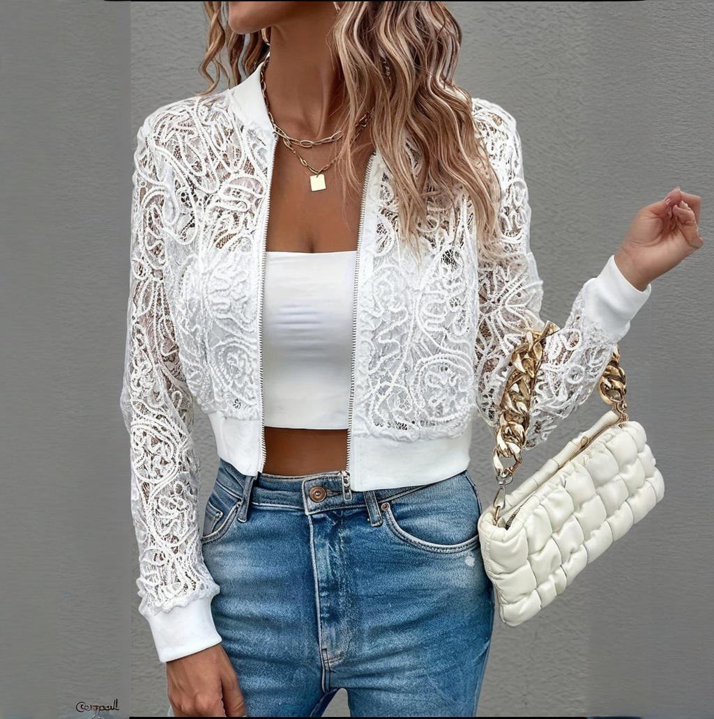 Women's White Elegant Lace Zip-Up Long Sleeve Bomber Jacket