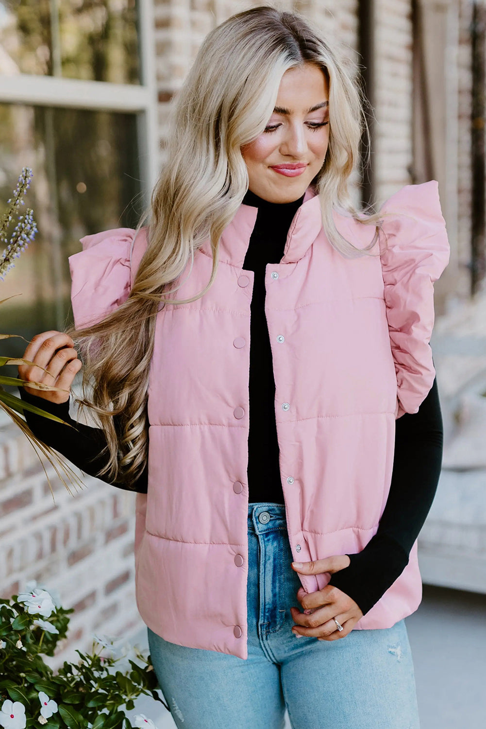 Pink Stand Neck Flutter Sleeve Snap Button Puffer Vest