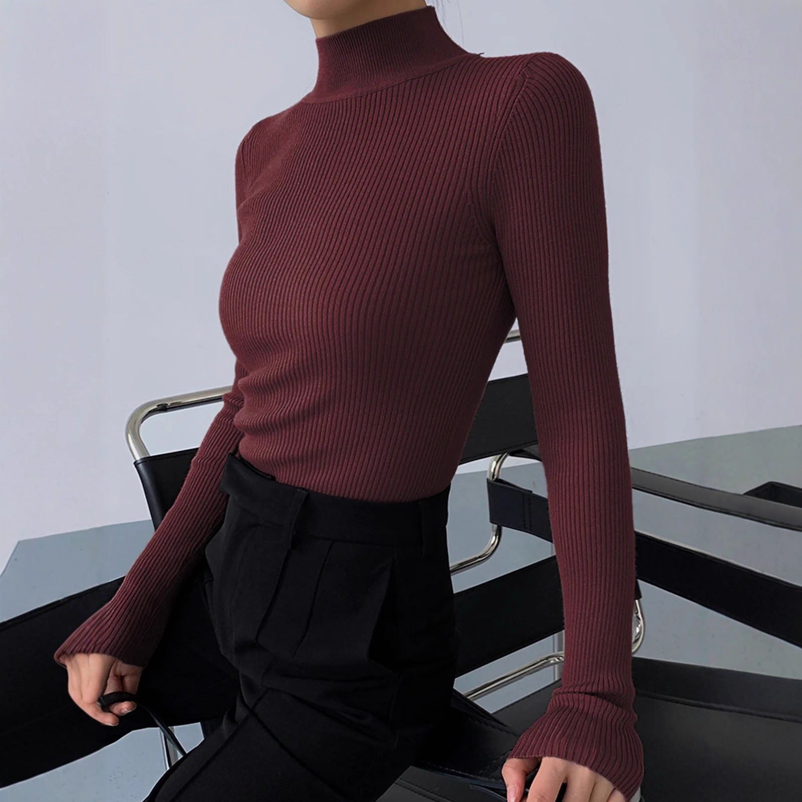 Women's Slim Fit Ribbed Crew Neck Long Sleeve Knitted Sweater - Image 4