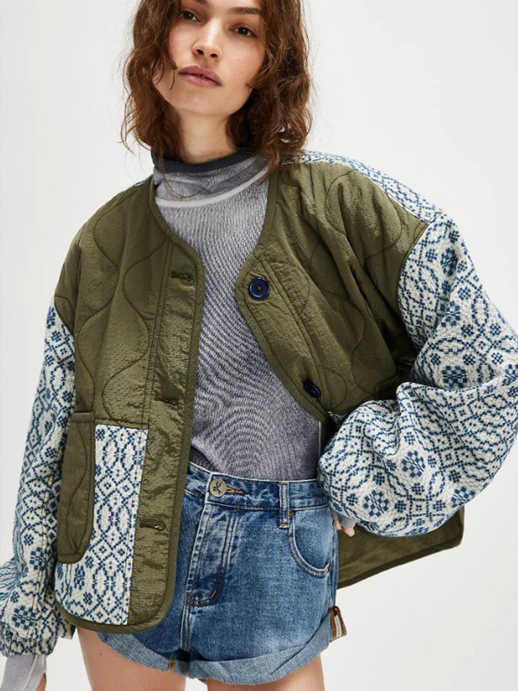 Women's Quilted Printed Patchwork Button Coat — Slim Fit