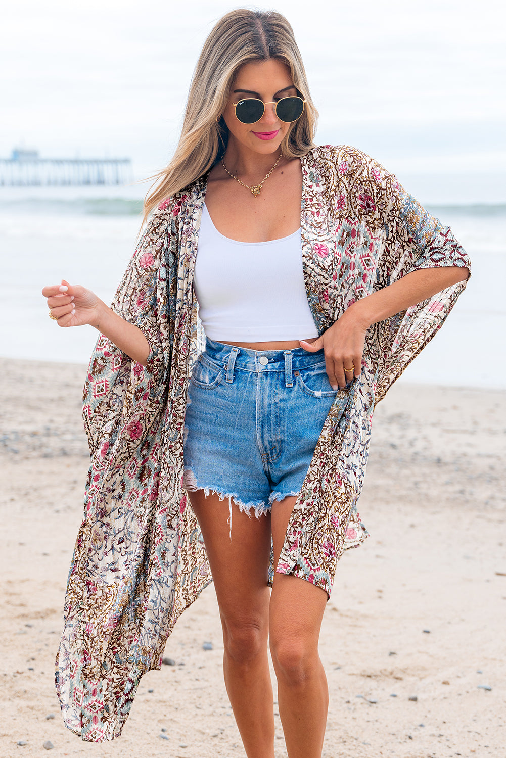 Apricot Floral Print Short Wide Sleeve Open Front Loose Kimono