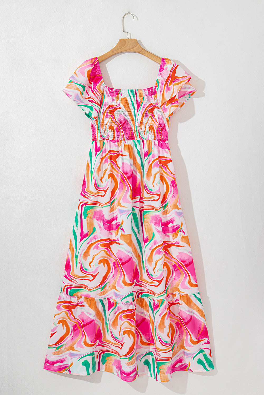 Abstract Ruffle Sleeve Smocked Maxi Dress