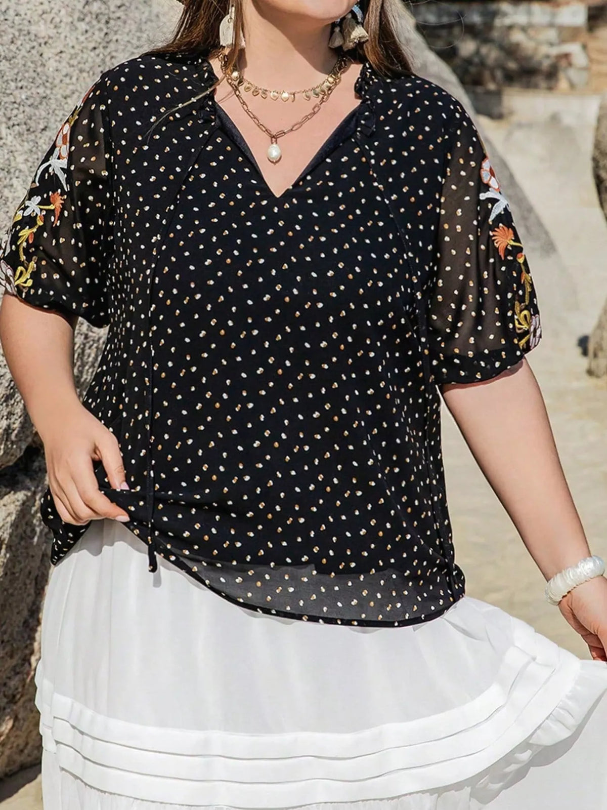 Plus Size Printed Tie Neck Half Sleeve Blouse