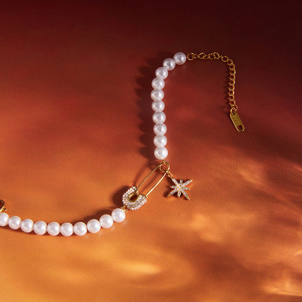 Gold Star and Pearl Charm Bracelet in Stainless Steel with Zircon