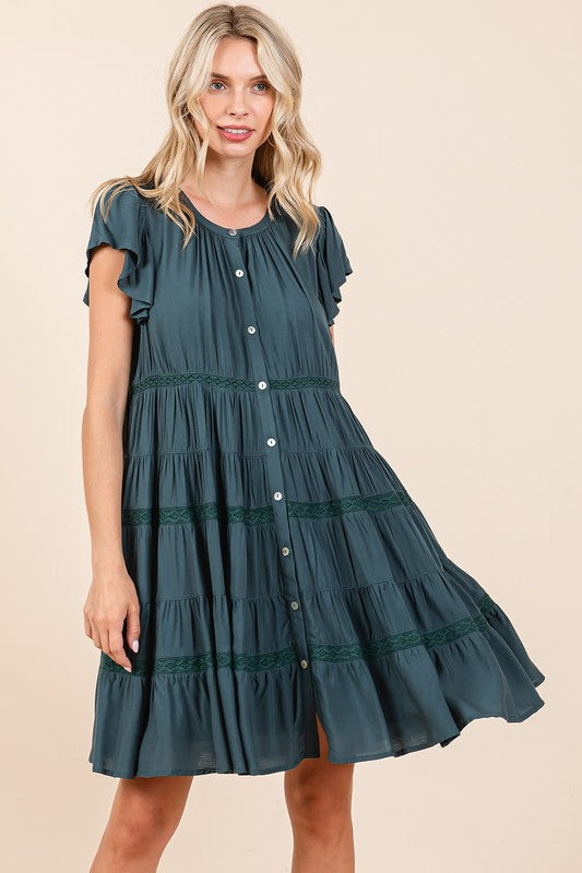Lace Detail Ruffled Button Down Tiered Cotton Dress