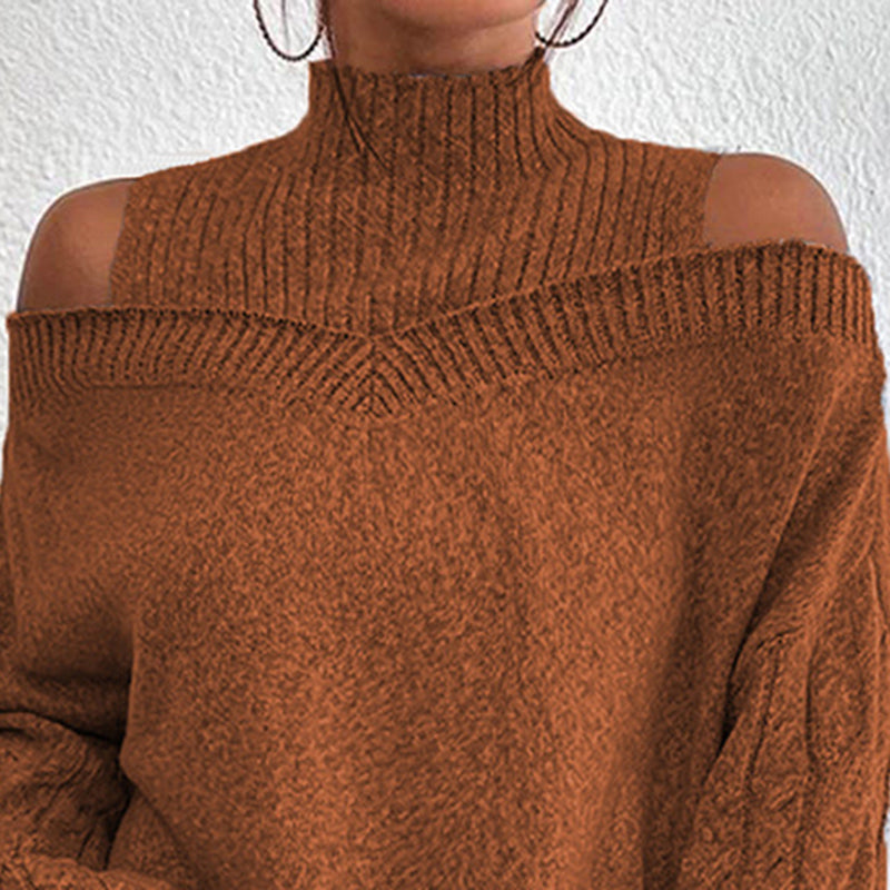 Women's Cold Shoulder High Neck Cable Knit Sweater Pullover - Image 8