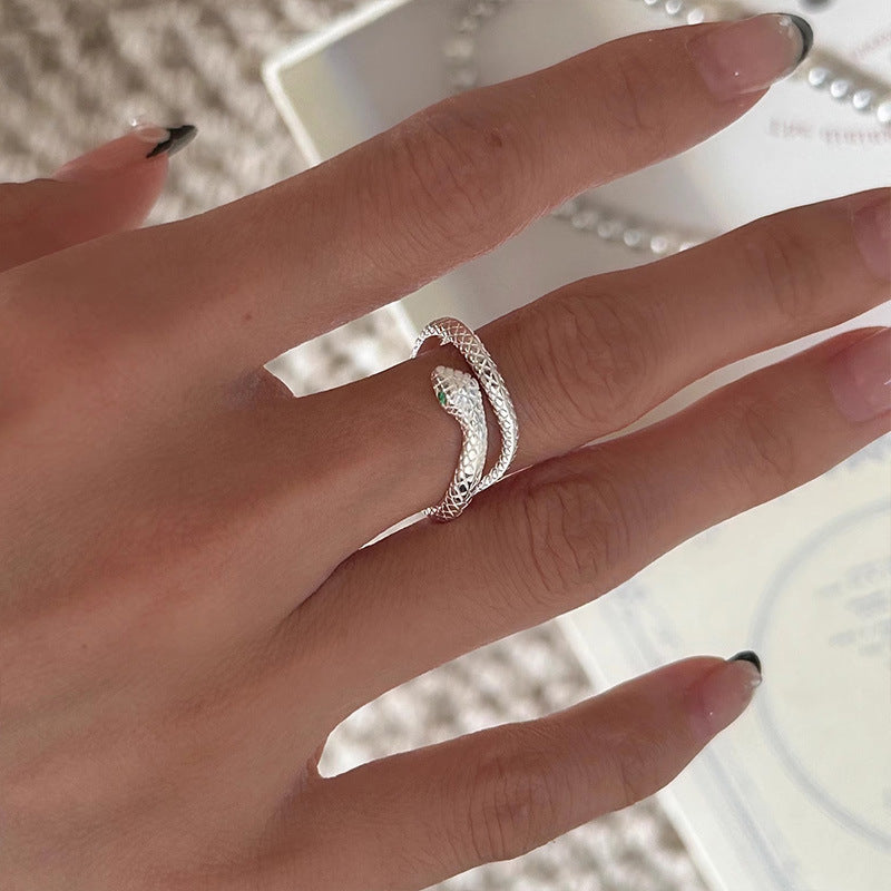 S925 Sterling Silver Green Eye Spirit Snake Ring For Women, Niche Minimalist Cool Style, Snake Design, Premium Light Luxury Open Index Finger Ring
