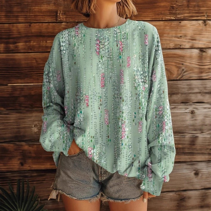 Women’s Printed Crew-Neck Sweatshirt Long Sleeve Casual Top