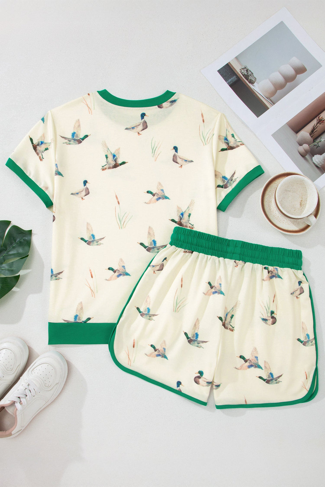 Mallard Duck Print Short Sleeve & Short Set Contrast Trim