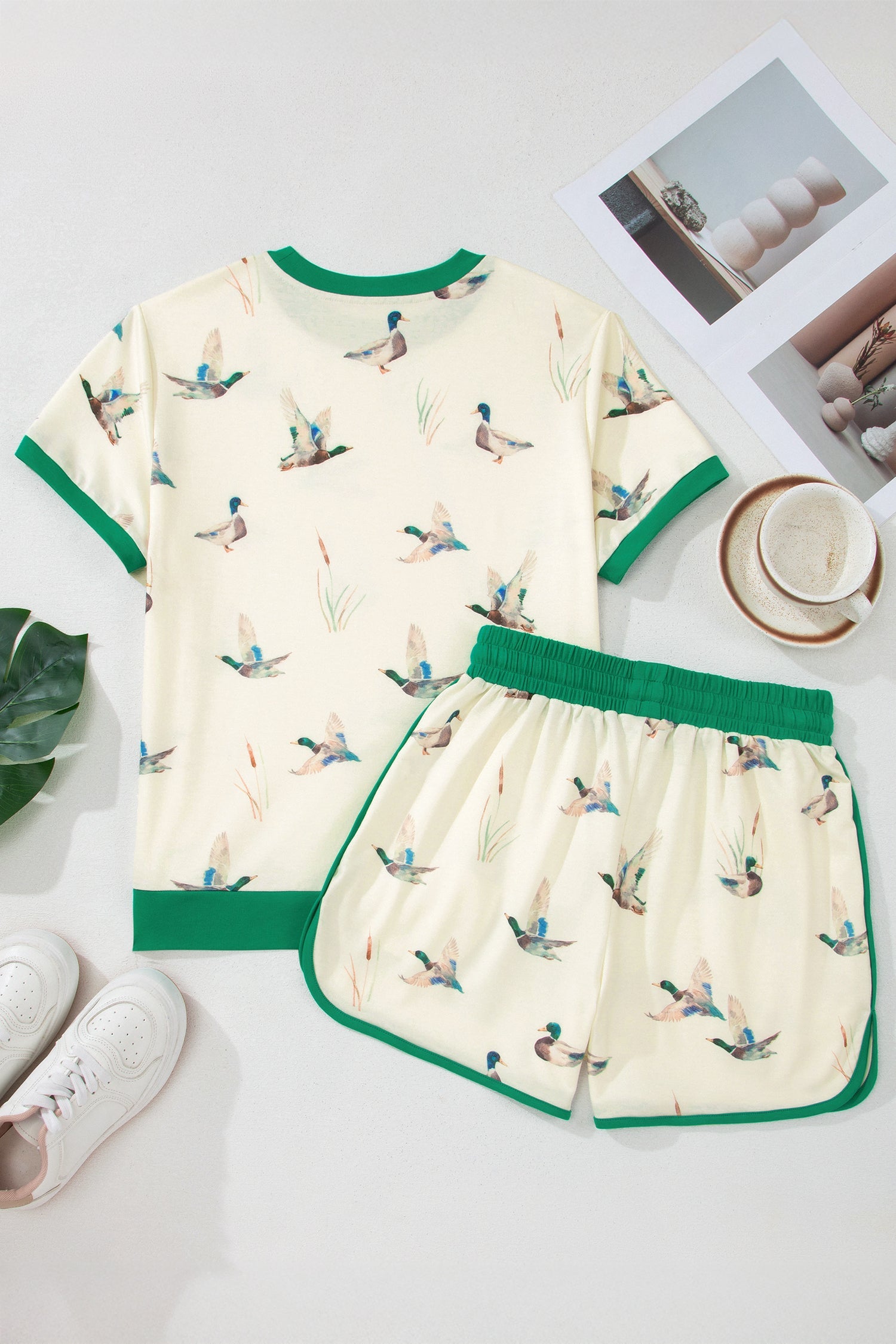 Mallard Duck Print Short Sleeve & Short Set Contrast Trim