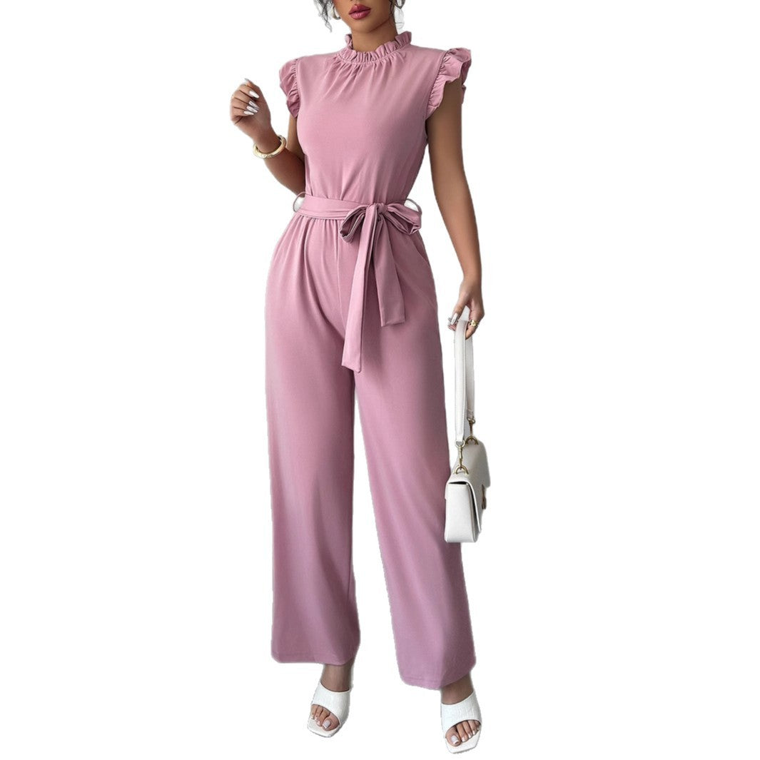 Simple Ruffled Short Sleeve Corset Jumpsuit Olive Dusty Pink