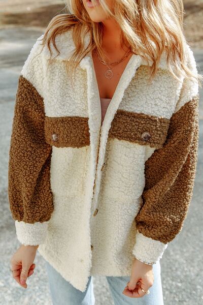 Women's Retro Sherpa Color Block Jacket with Collared Neck