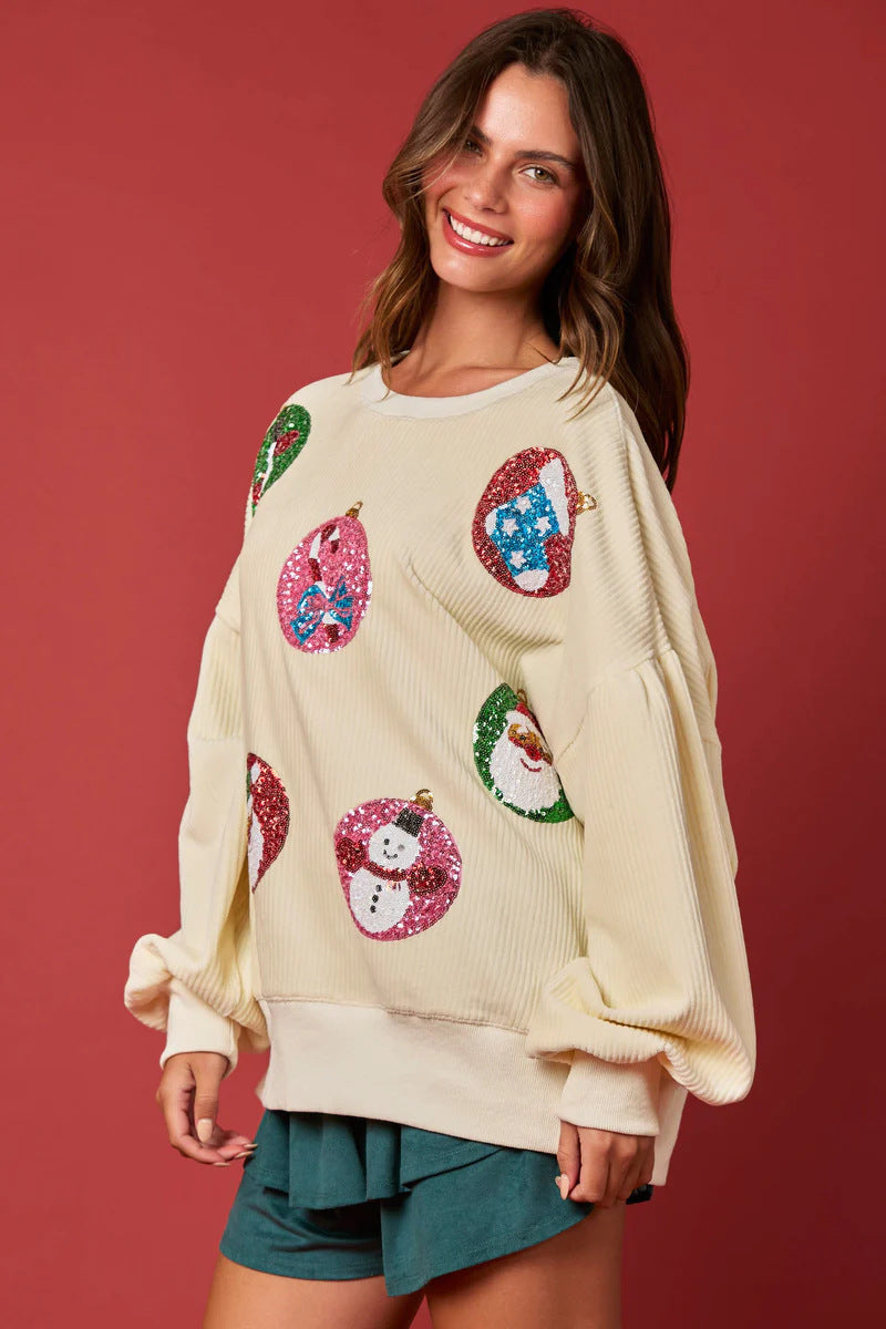 Women's Sequined Christmas Ornament Loose Long-Sleeve Sweatshirt - Image 3