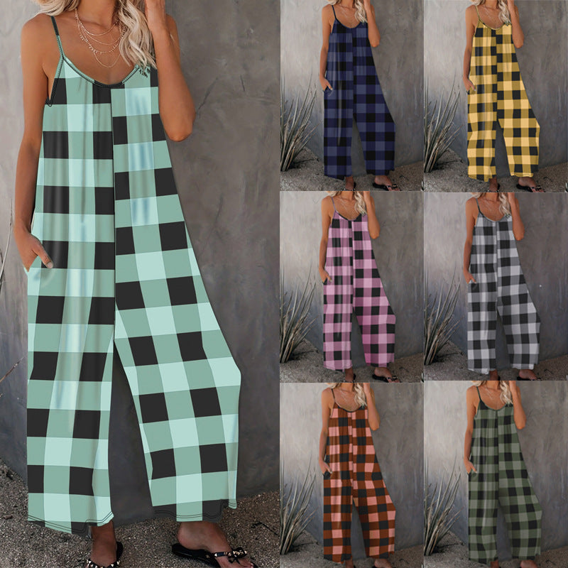 Casual Straight Leg Sling Jumpsuit in Plaid