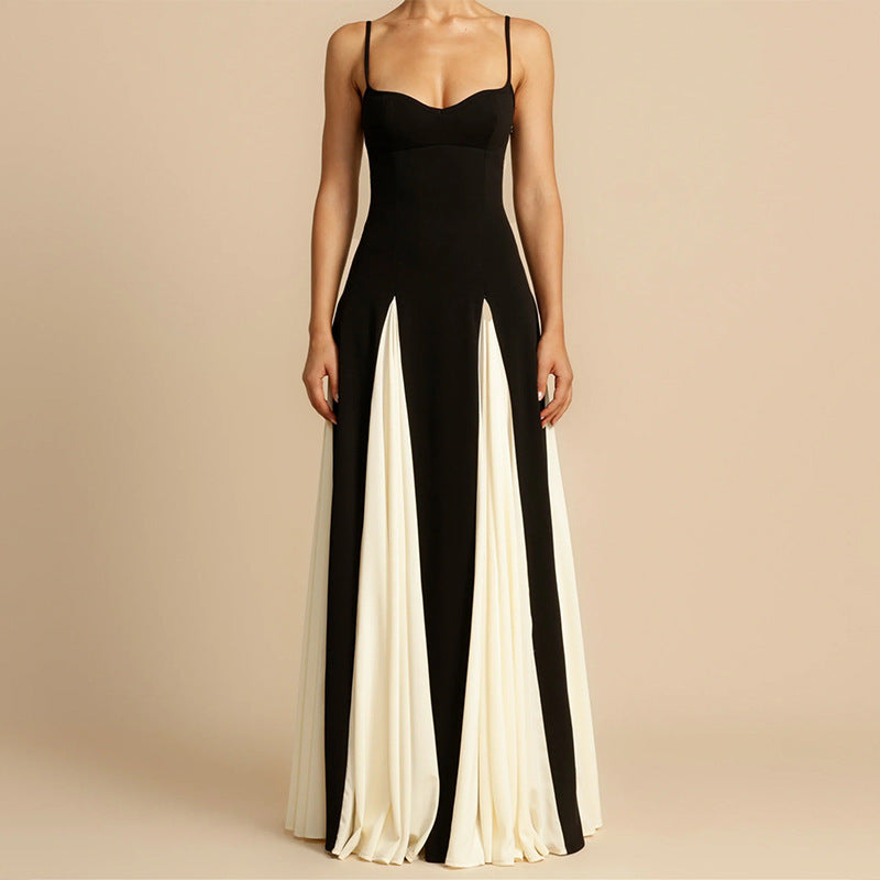 Color Contrast Maxi Sling Dress: Minimalist Black & Cream A-Line
