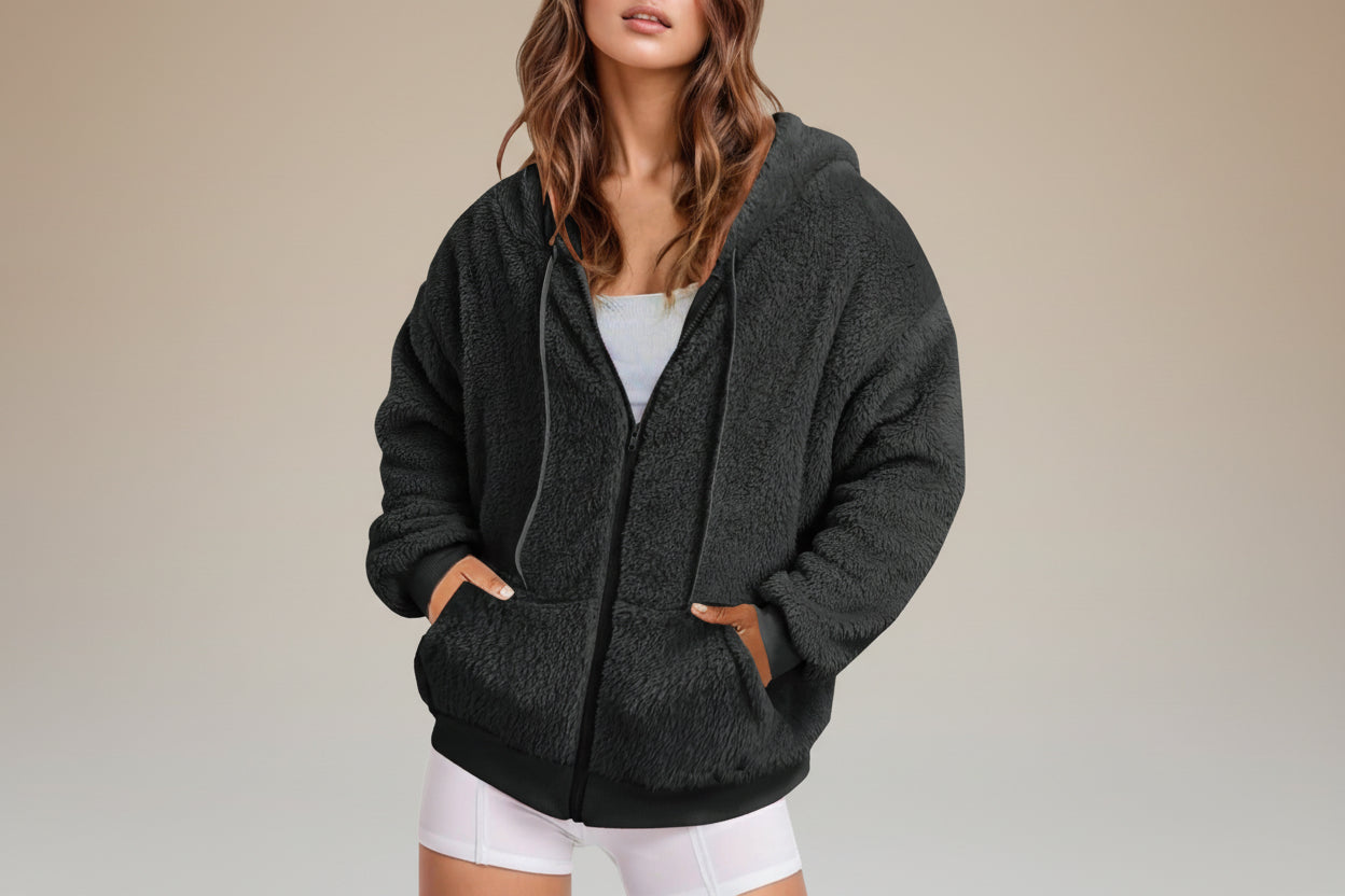 Fuzzy Fleece Zip-Up Hoodie for Women with Pockets - Image 4