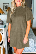 Moss Green Frill Neck Puff Sleeve Mini Dress