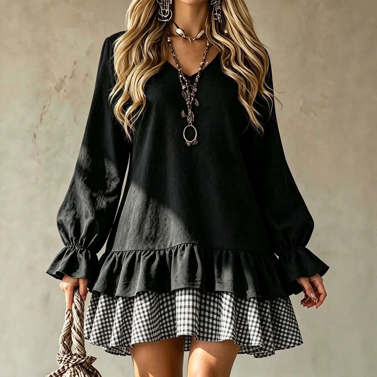 Women's V-Neck Ruffle Sleeve Plaid Patchwork Mini Dress