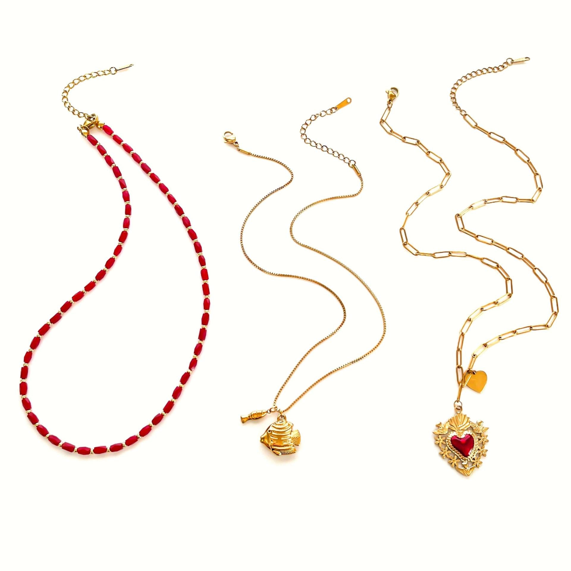 Stainless Steel Heart And Small Fish Enamel Red Bead Necklace