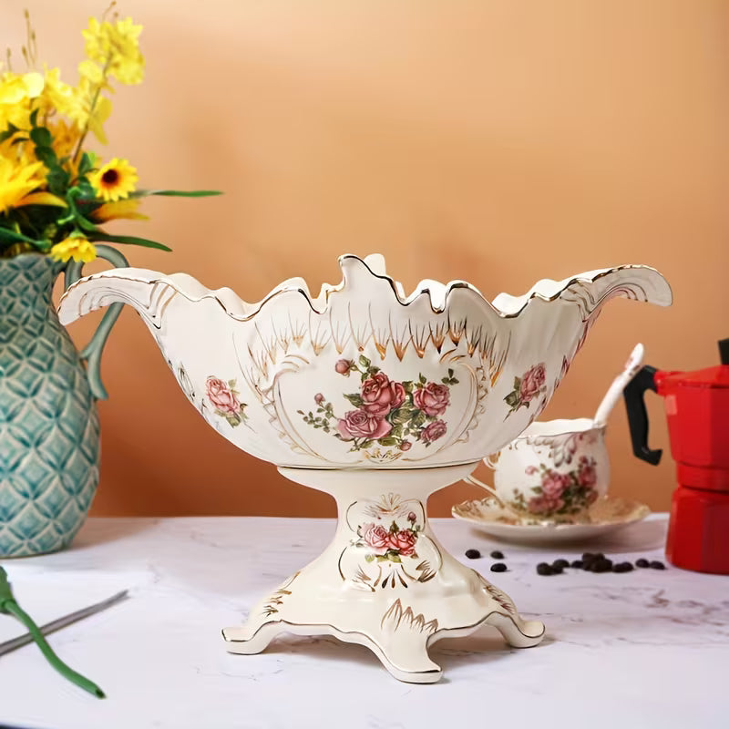 13-Inch Oval Ceramic Fruit Plate with Pedestal Foot Stand