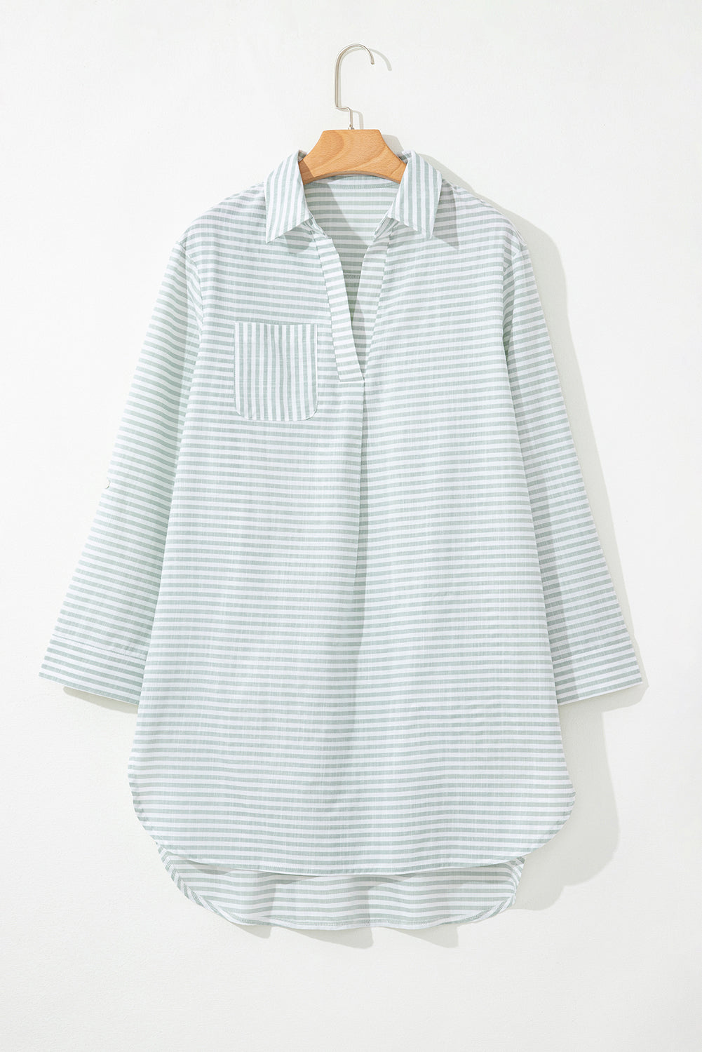 White Stripe Collared V-Neck Beach Cover Up with Chest Pocket