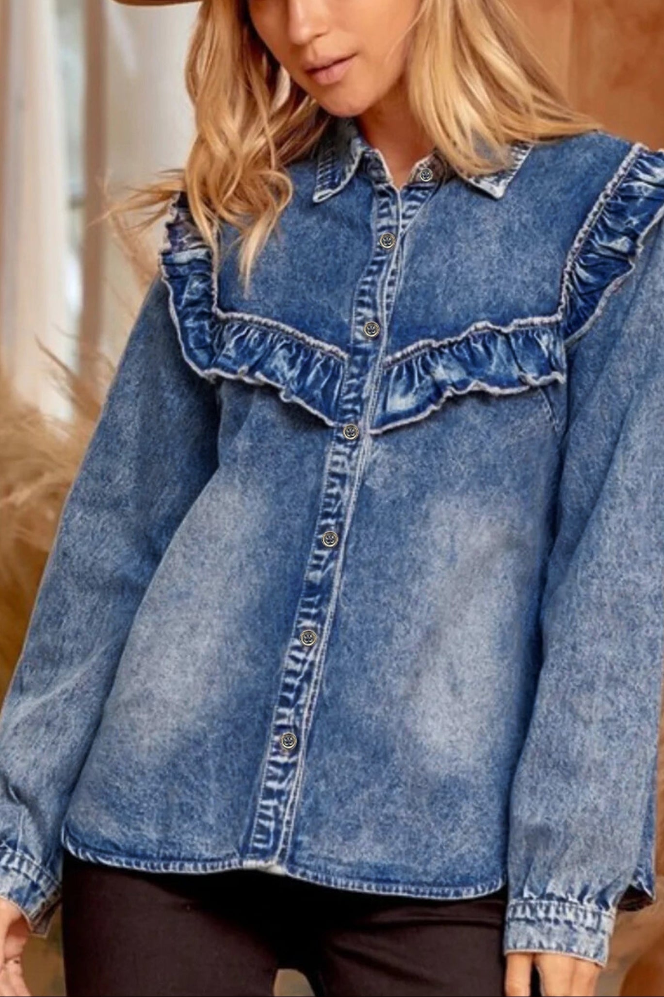 Vintage Wash Denim Shirt with Ruffles