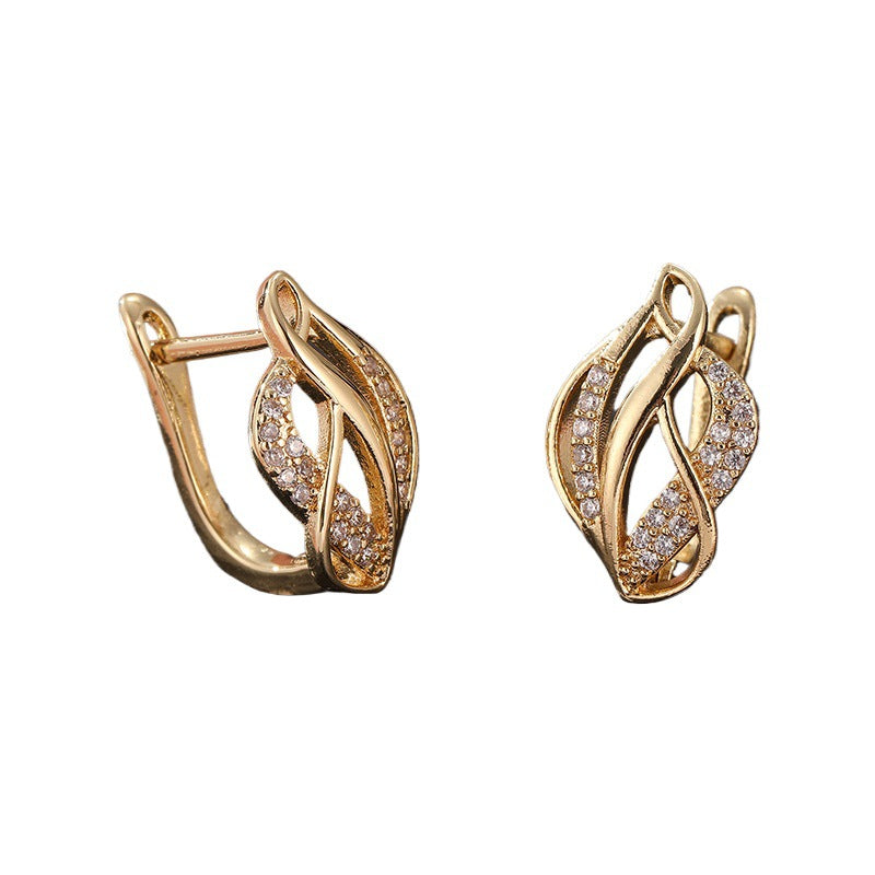 Elegant Crystal Twist Hoop Earrings Gold Tone Brass Women Wedding Party Fashion Jewelry Sparkling Daily