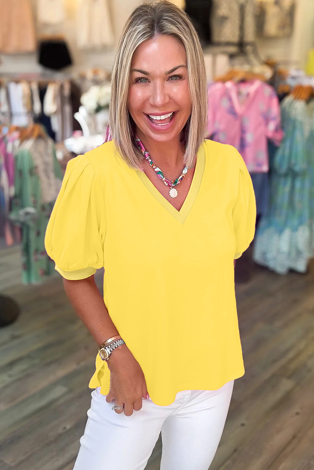 Bonbon Solid Color V Neck Short Puff Sleeve Blouse