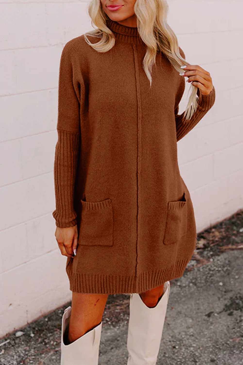Women's Ribbed Mock Neck Sweater Dress in Brown and Red